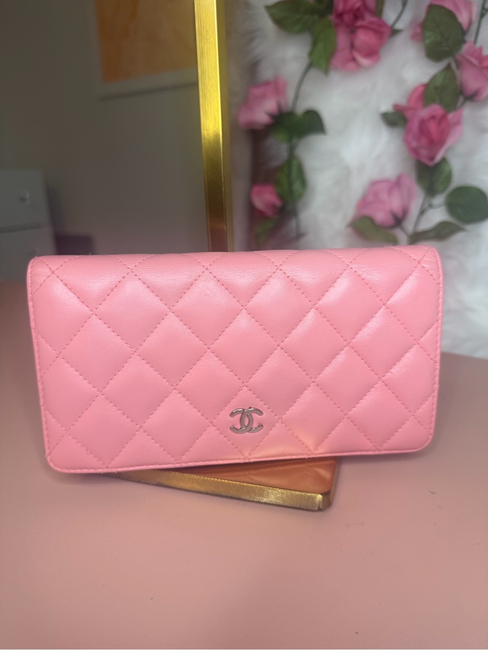 CHANEL Quilted Lambskin Timeless Classic Bifold Long Wallet Pink Silver Hardware